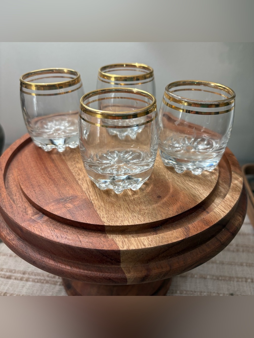 Circleware beveled bottom gold pinstripe rimmed Shot glasses mcm vintage set 4
